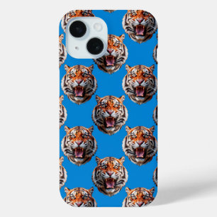 Tiger Head Pattern Design Blue iPhone 15 Case
