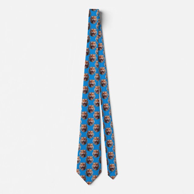 Tiger Head Pattern Design Blue  Neck Tie (Front)