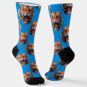Tiger Head Pattern Design Blue Socks