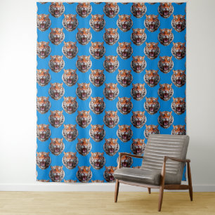 Tiger Head Pattern Design Blue Tapestry