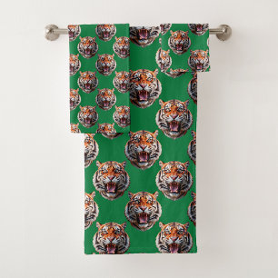 Tiger Head Pattern Design Green Bath Towel Set