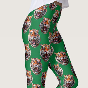 Tiger Head Pattern Design Green Leggings