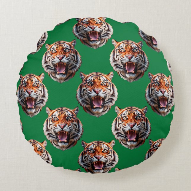 Tiger Head Pattern Design Green  Round Pillow (Front)