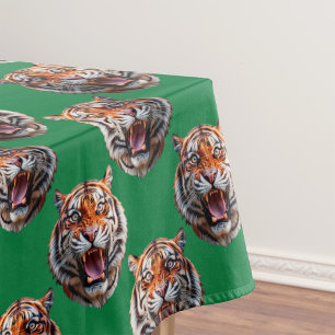 Tiger Head Pattern Design Green Tablecloth