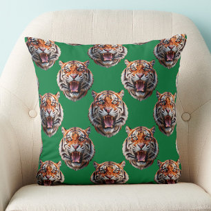 Tiger Head Pattern Design Green  Throw Pillow