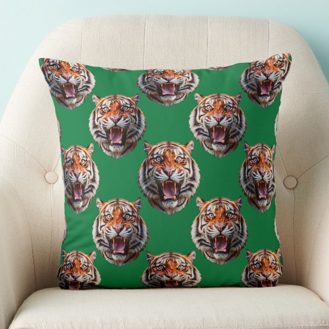 Tiger Head Pattern Design Green  Throw Pillow (Creator Uploaded)