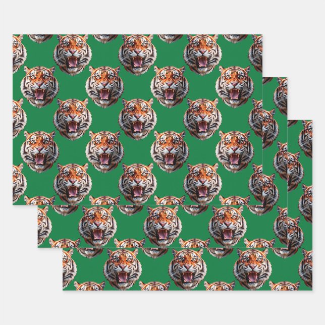 Tiger Head Pattern Design Green  Wrapping Paper Sheets (Creator Uploaded)