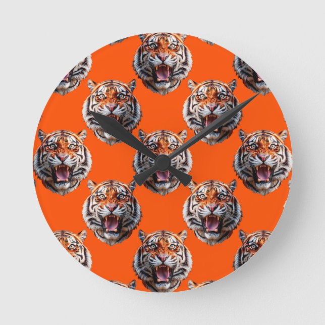Tiger Head Pattern Design Orange  Round Clock (Front)