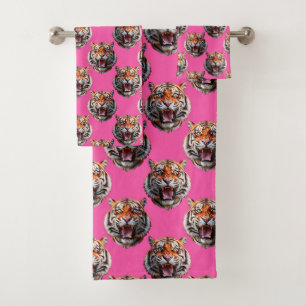 Tiger Head Pattern Design Pink Bath Towel Set
