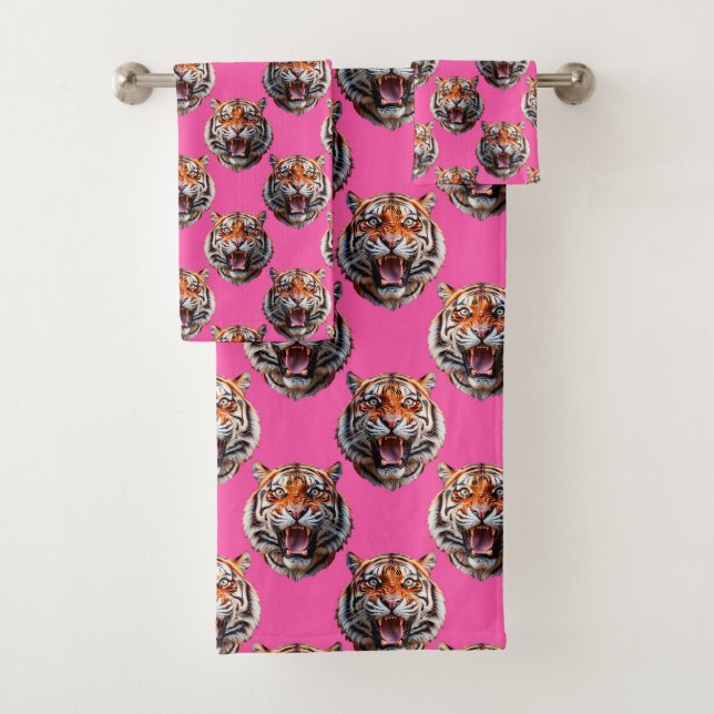 Tiger Head Pattern Design Pink Bath Towel Set (Insitu)