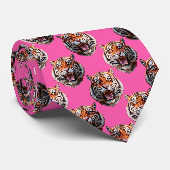 Tiger Head Pattern Design Pink Neck Tie (Rolled)