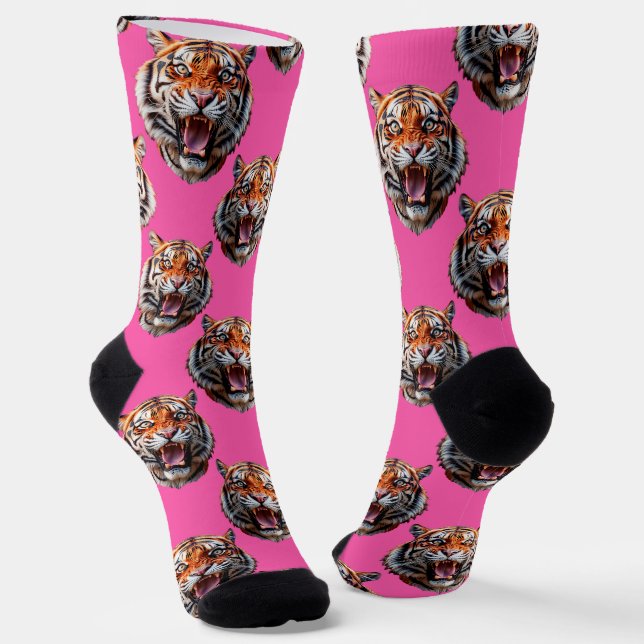 Tiger Head Pattern Design Pink Socks (Angled)