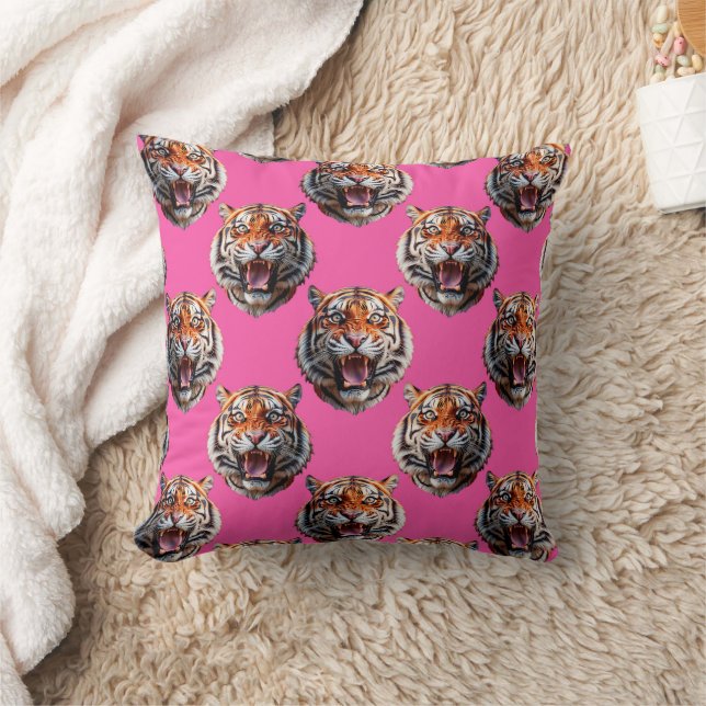 Tiger Head Pattern Design Pink Throw Pillow (Blanket)