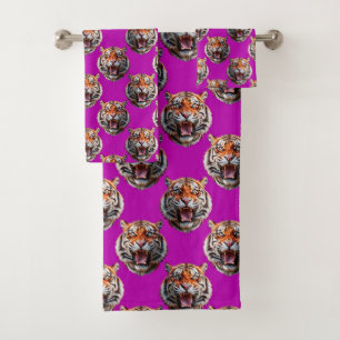Tiger Head Pattern Design Purple  Bath Towel Set