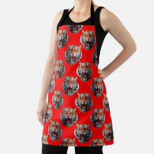 Tiger Head Pattern Design Red Apron