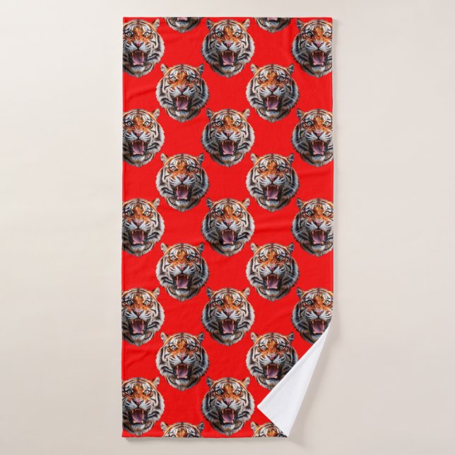 Tiger Head Pattern Design Red Bath Towel (Bath Towel)