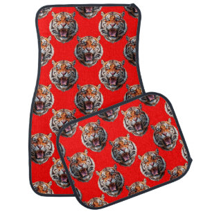 Tiger Head Pattern Design Red Car Floor Mat