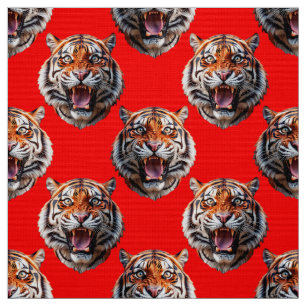 Tiger Head Pattern Design Red Fabric
