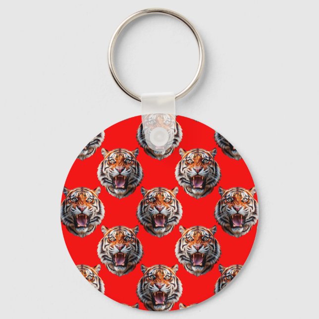 Tiger Head Pattern Design Red Keychain (Front)