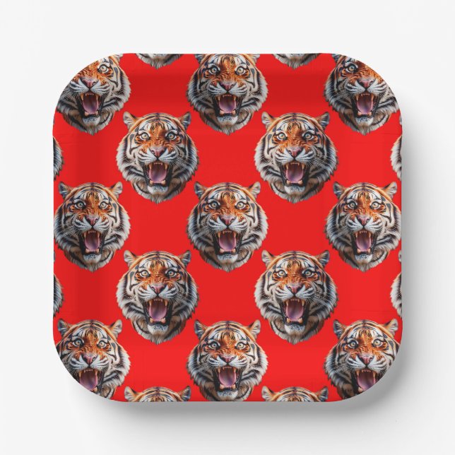 Tiger Head Pattern Design Red Paper Plates (Front)