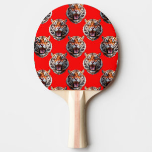 Tiger Head Pattern Design Red Ping Pong Paddle