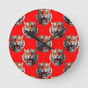 Tiger Head Pattern Design Red Round Clock