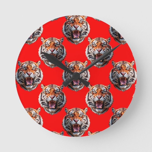 Tiger Head Pattern Design Red Round Clock (Front)