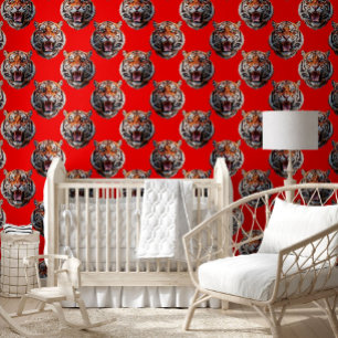 Tiger Head Pattern Design Red Wallpaper