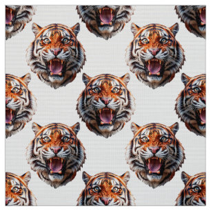 Tiger Head Pattern Design White  Fabric