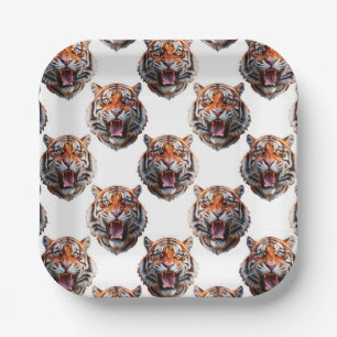 Tiger Head Pattern Design - White Paper Plates