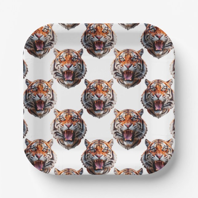 Tiger Head Pattern Design - White   Paper Plates (Front)