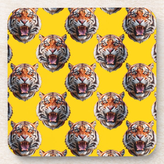 Tiger Head Pattern Design Yellow  Beverage Coaster (Front)