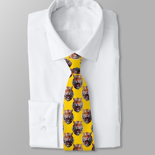 Tiger Head Pattern Design Yellow  Neck Tie (Creator Uploaded)