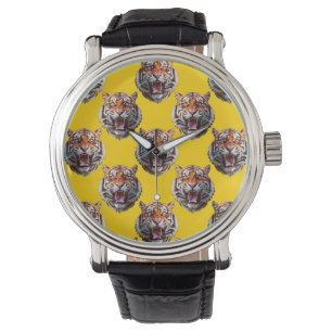 Tiger Head Pattern Design Yellow  Watch