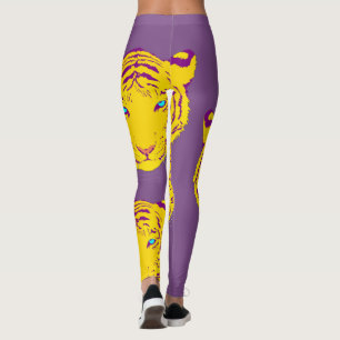 Tiger Head Print on Yellow Purple Leggings