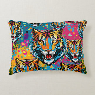 Tiger Head Rainbow colors paint stains Accent Pillow