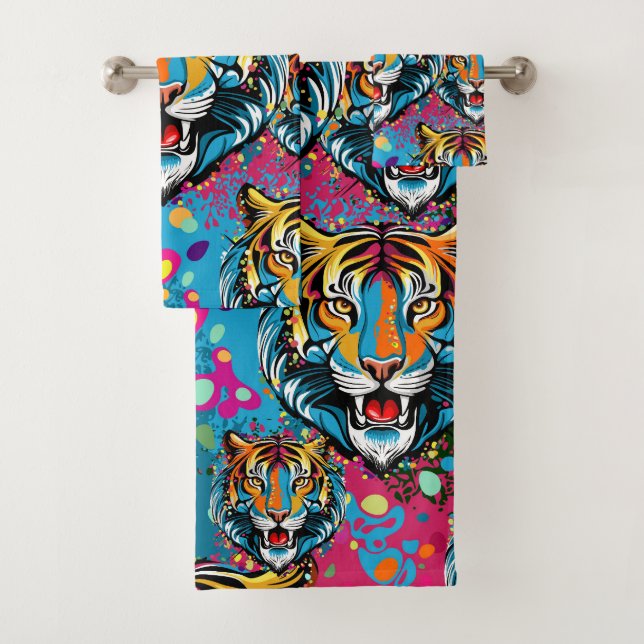 Tiger Head Rainbow colors paint stains Bath Towel Set (Insitu)