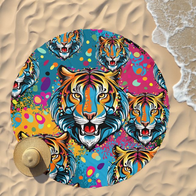 Tiger Head Rainbow colors paint stains Beach Towel (Beach)