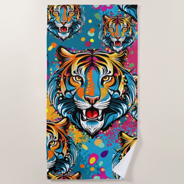 Tiger Head Rainbow colors paint stains Beach Towel (Front)