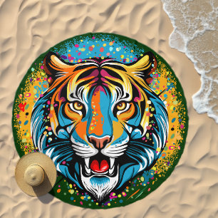 Tiger Head Rainbow colors paint stains Beach Towel