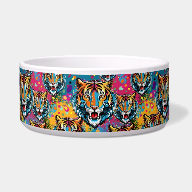 Tiger Head Rainbow colors paint stains Bowl (Front)