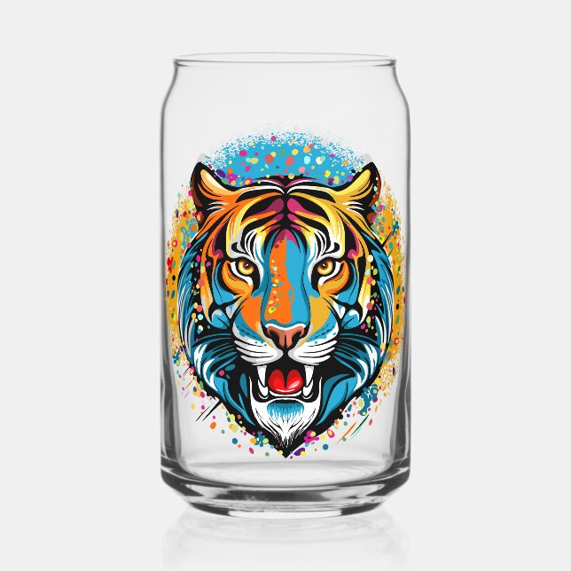 Tiger Head Rainbow colors paint stains Can Glass (Front)