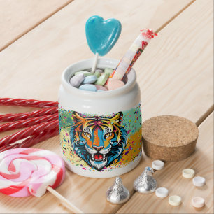 Tiger Head Rainbow colors paint stains Candy Jar