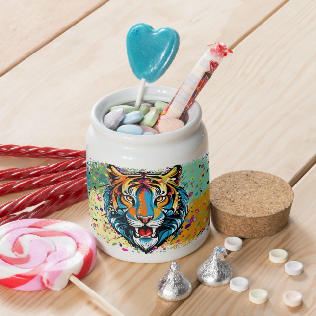 Tiger Head Rainbow colors paint stains Candy Jar (In Situ)