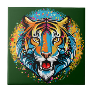 Tiger Head Rainbow colors paint stains Ceramic Tile