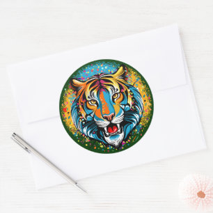 Tiger Head Rainbow colors paint stains Classic Round Sticker