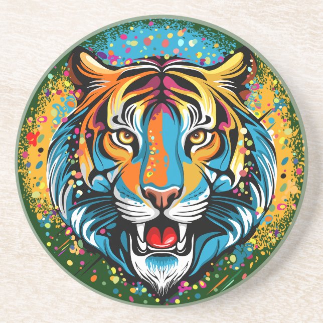 Tiger Head Rainbow colors paint stains Coaster (Front)