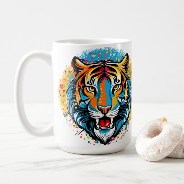 Tiger Head Rainbow colors paint stains Coffee Mug (With Donut)