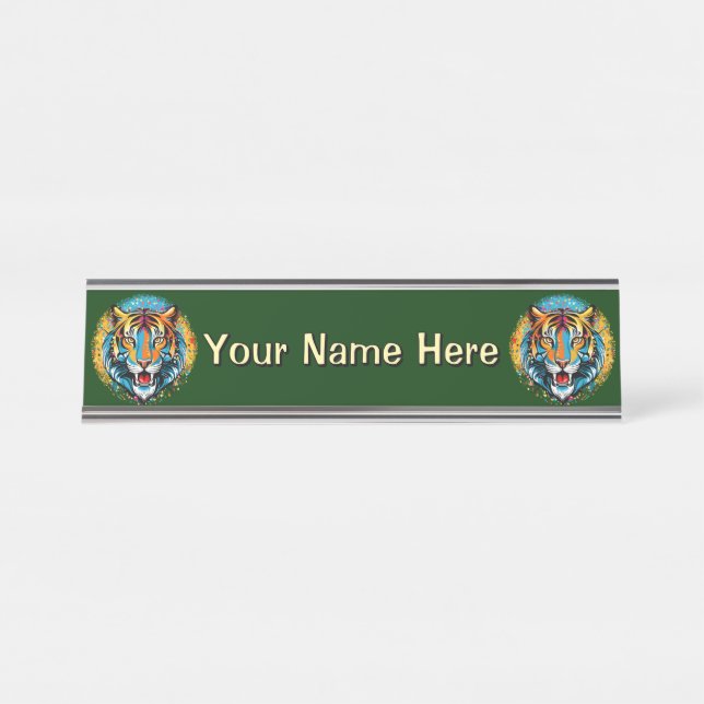 Tiger Head Rainbow colors paint stains Desk Name Plate (Front)