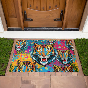 Tiger Head Rainbow colors paint stains Doormat